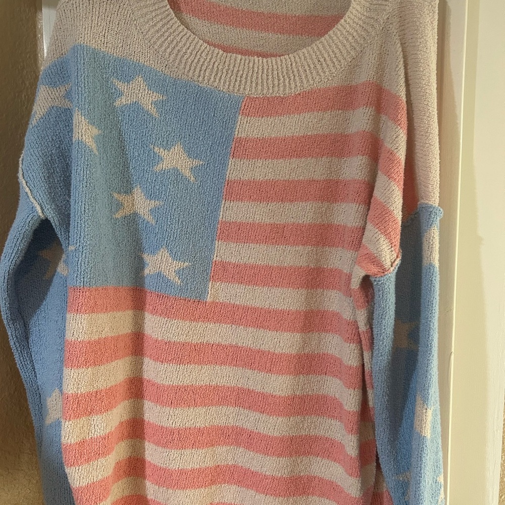 Peace Love World Women’s Flag-Pattern Striped Sweater - Pink & Light Blue